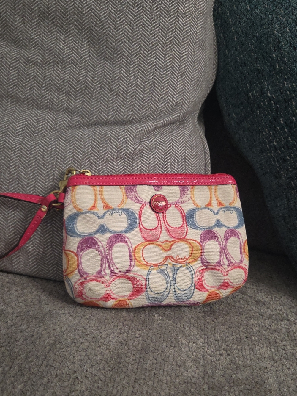 Coach Hampton Scribble Multicolor Canvas Wristlet Hot Pink Trim